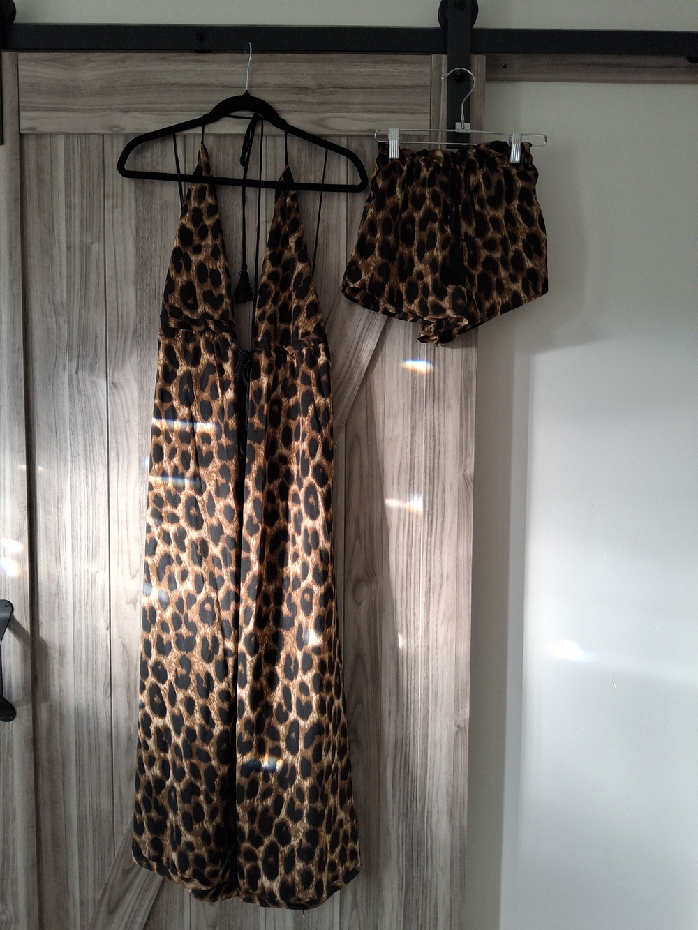 Leopard Print Halter Maxi Dress in Brown With 3 Slits & Shorts